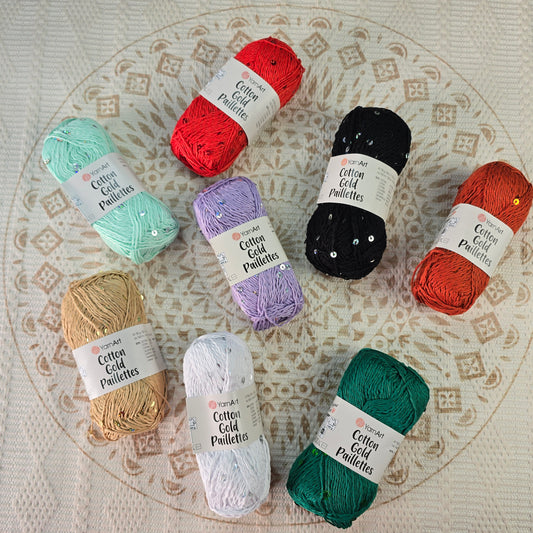 Lana YarnArt Cotton Gold Paillettes - ovillo de algodón con lentejuelas en varios colores