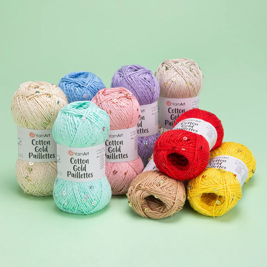 Ovillos YarnArt Cotton Gold Paillettes de algodón y poliéster en varios colores con lentejuelas brillantes.