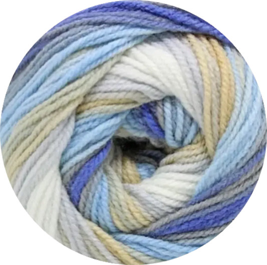 Ovillo de lana acrílica Petunia Bebé Batik Ocean Breeze con tonos azul, gris, blanco, beige. Suave e hipoalergénico para bebés.