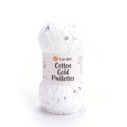 Ovillo de hilo YarnArt Cotton Gold Paillettes blanco con lentejuelas discretas y brillo sutil para tejido a mano.