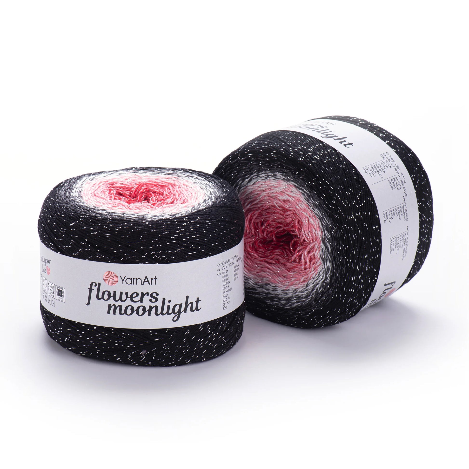 Flowers Moonlight de YarnArt – hilo degradé con brillo metálico.