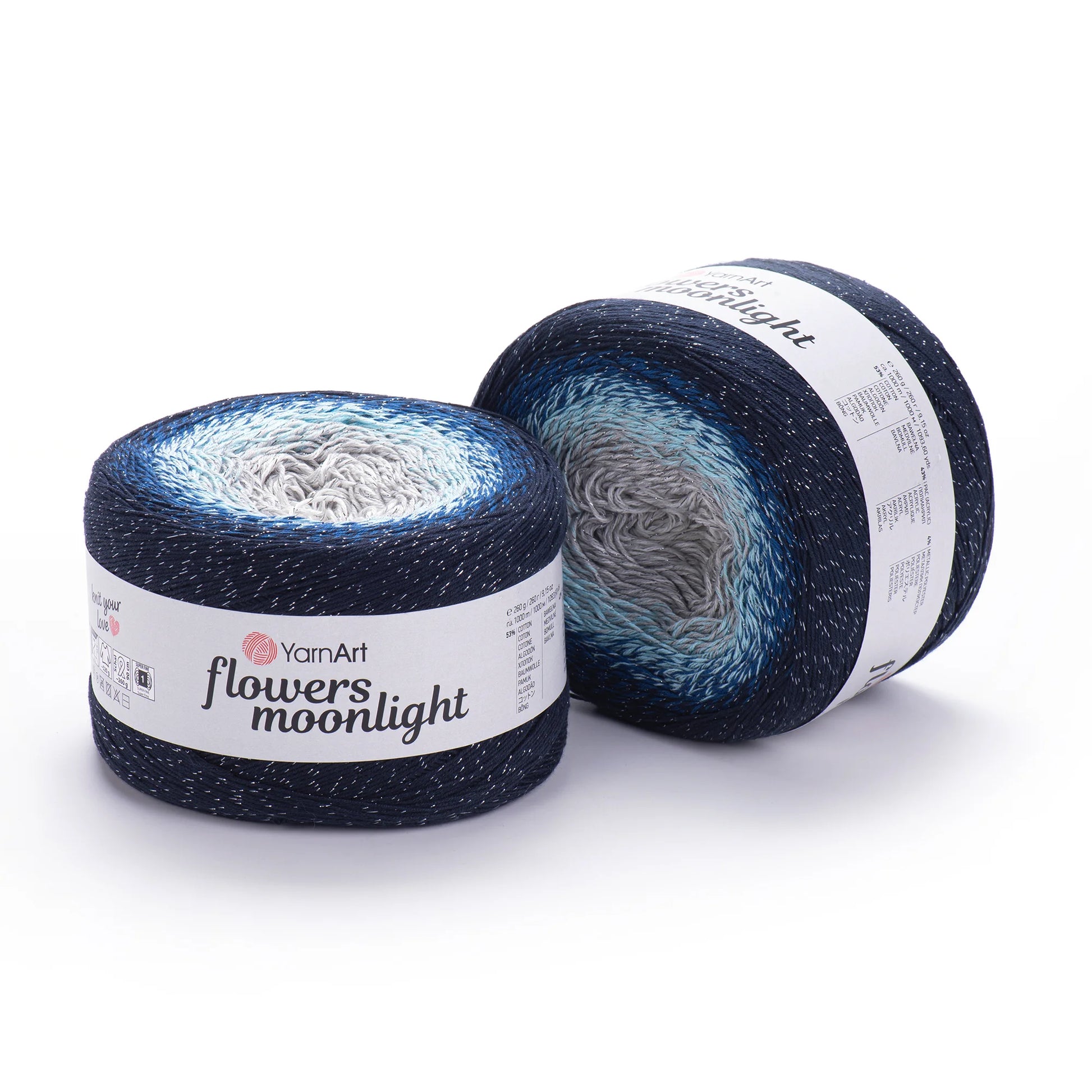 Flowers Moonlight de YarnArt – hilo degradé con brillo metálico.