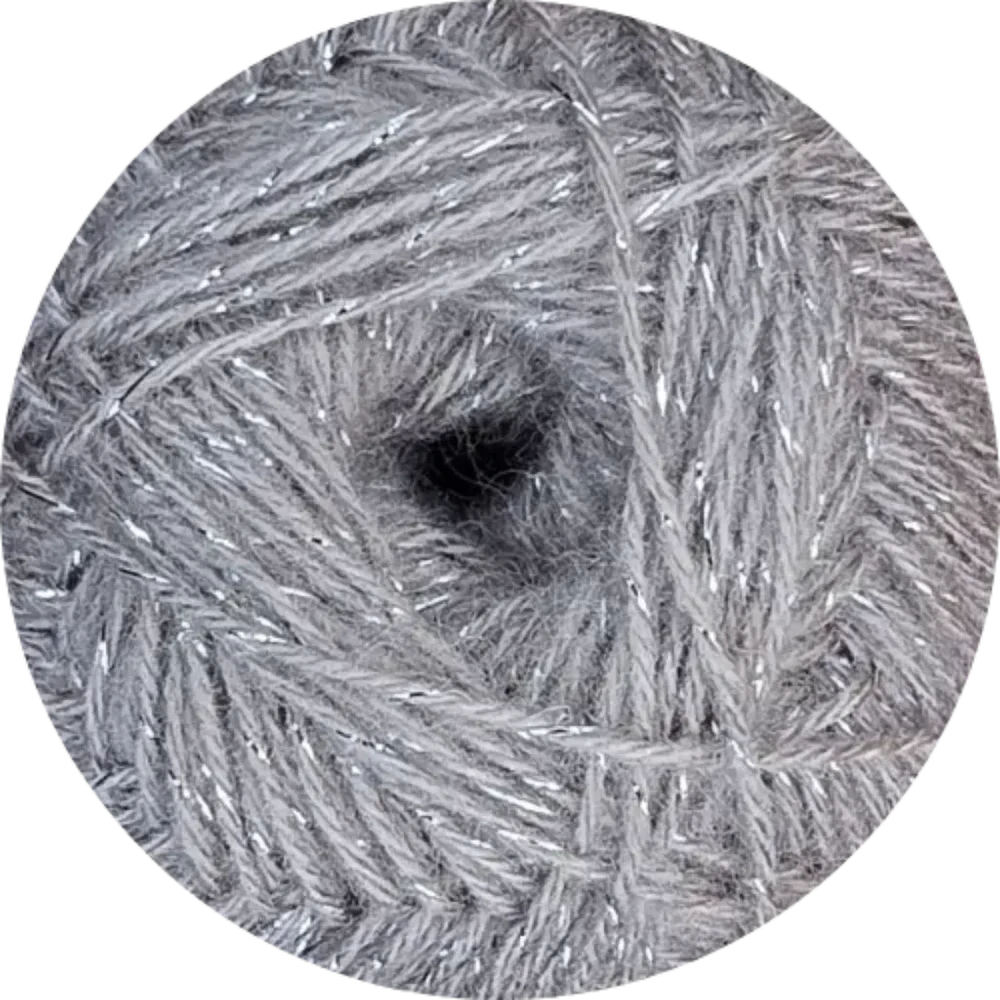 Ovillo de lana gris con hebras plateadas brillantes, mezcla de acrílico y lana Alize Angora Gold Simli para tejer.