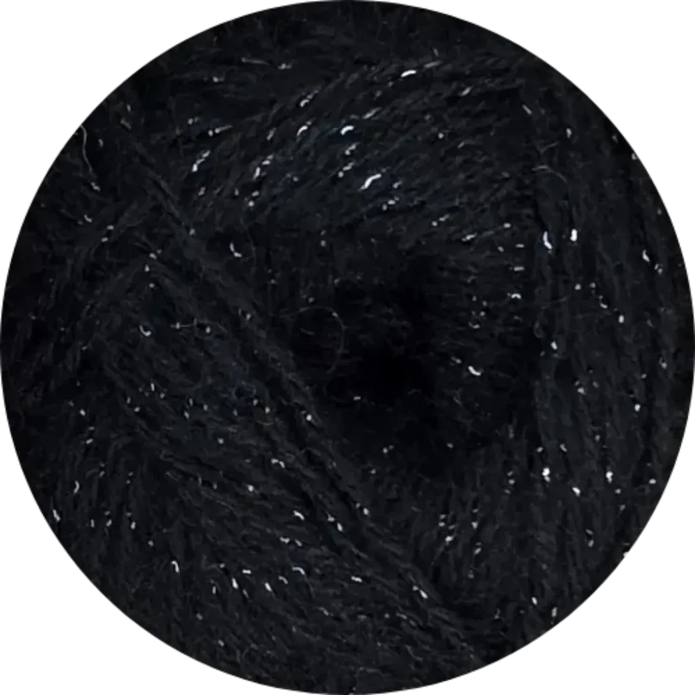 Ovillo de lana Angora Gold Simli negro con brillo plateado, mezcla acrílico y lana para tejer.