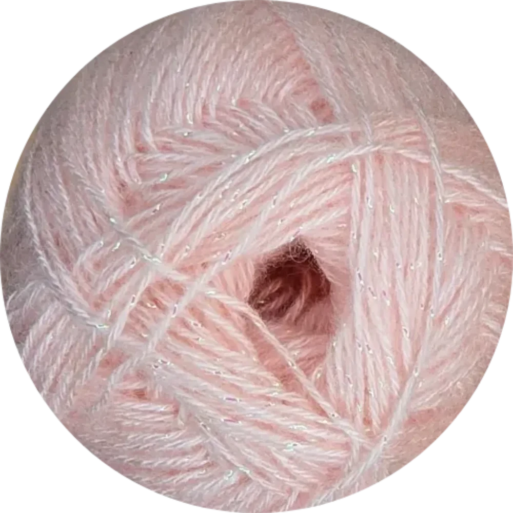 Ovillo de lana brillante Alize Angora Gold Simli color rosa claro, con hebras plateadas y mezcla de acrilico y lana.