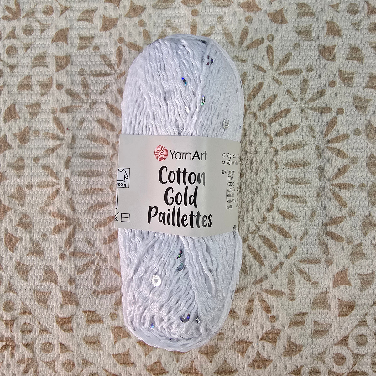 Ovillo YarnArt Cotton Gold Paillettes color Blanco con lentejuelas