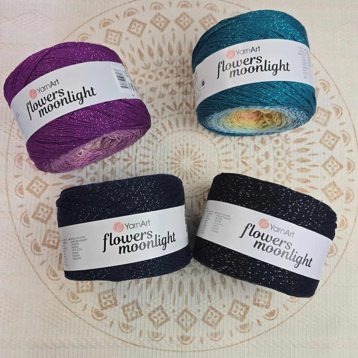 Flowers Moonlight de YarnArt – Ovillo Degradé con Brillo Metálico 1000m – 53% Algodón 43% Acrílico 4% Metálico
