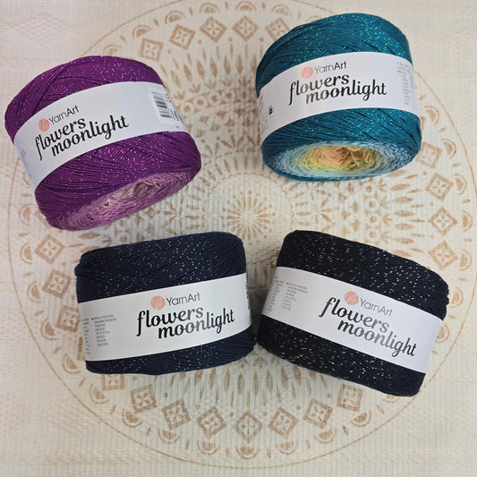 Flowers Moonlight de YarnArt – Ovillo Degradé con Brillo Metálico 1000m – 53% Algodón 43% Acrílico 4% Metálico