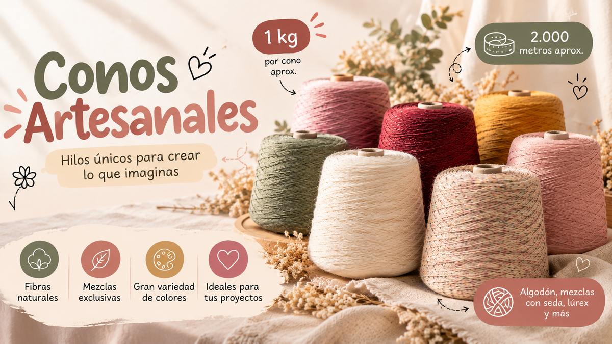 Portada horizontal Conos Artesanales La Madeja, 1 kg y 2.000 metros