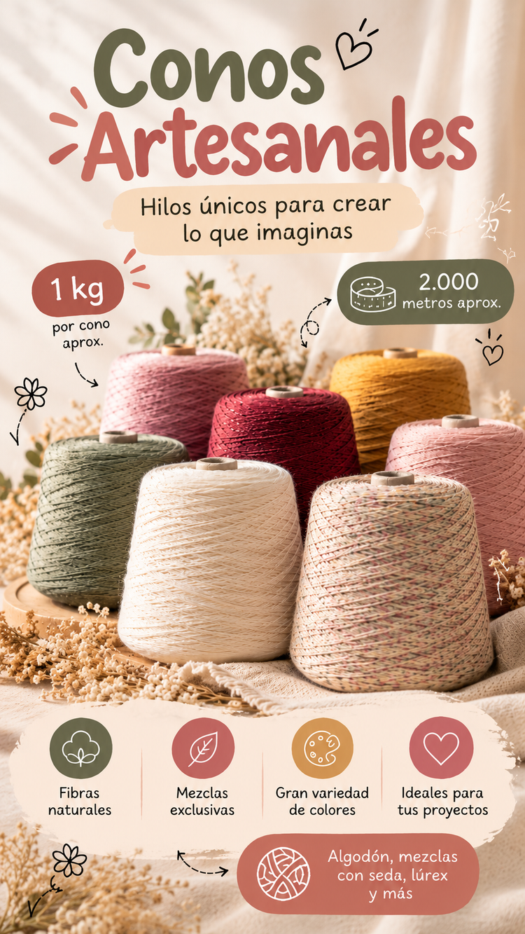 Portada horizontal Conos Artesanales La Madeja, 1 kg y 2.000 metros