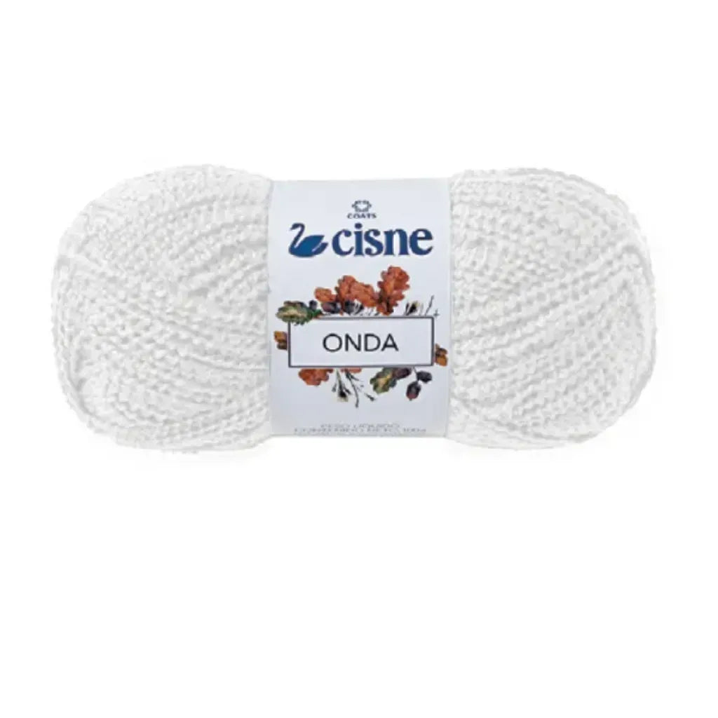 Ovillo de lana Cisne Onda blanco, 94% acrílico y poliéster, ideal para tejidos suaves y simples.