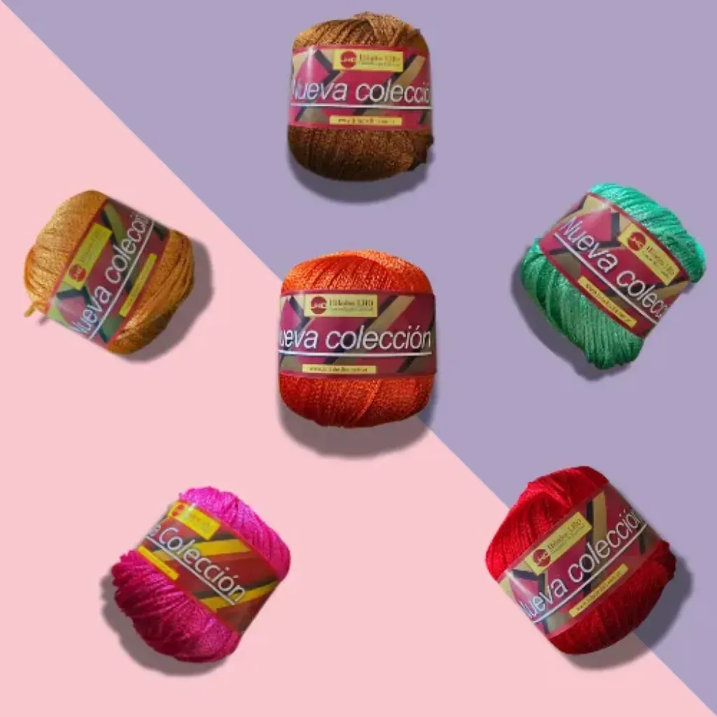 Seis ovillos de hilado Morocco LHO de viscosa con brillo sedoso, en colores surtidos: café, naranja, dorado, fucsia, verde esmeralda y rojo intenso.