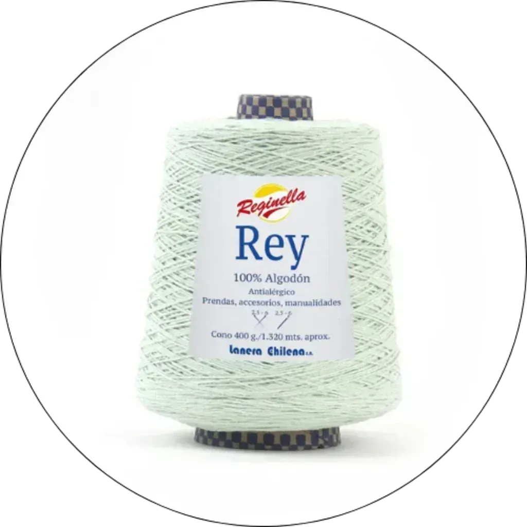 Cono grande de hilo de algodón Reginella Rey color verde menta claro, 100% antialérgico, para tejer prendas y manualidades.
