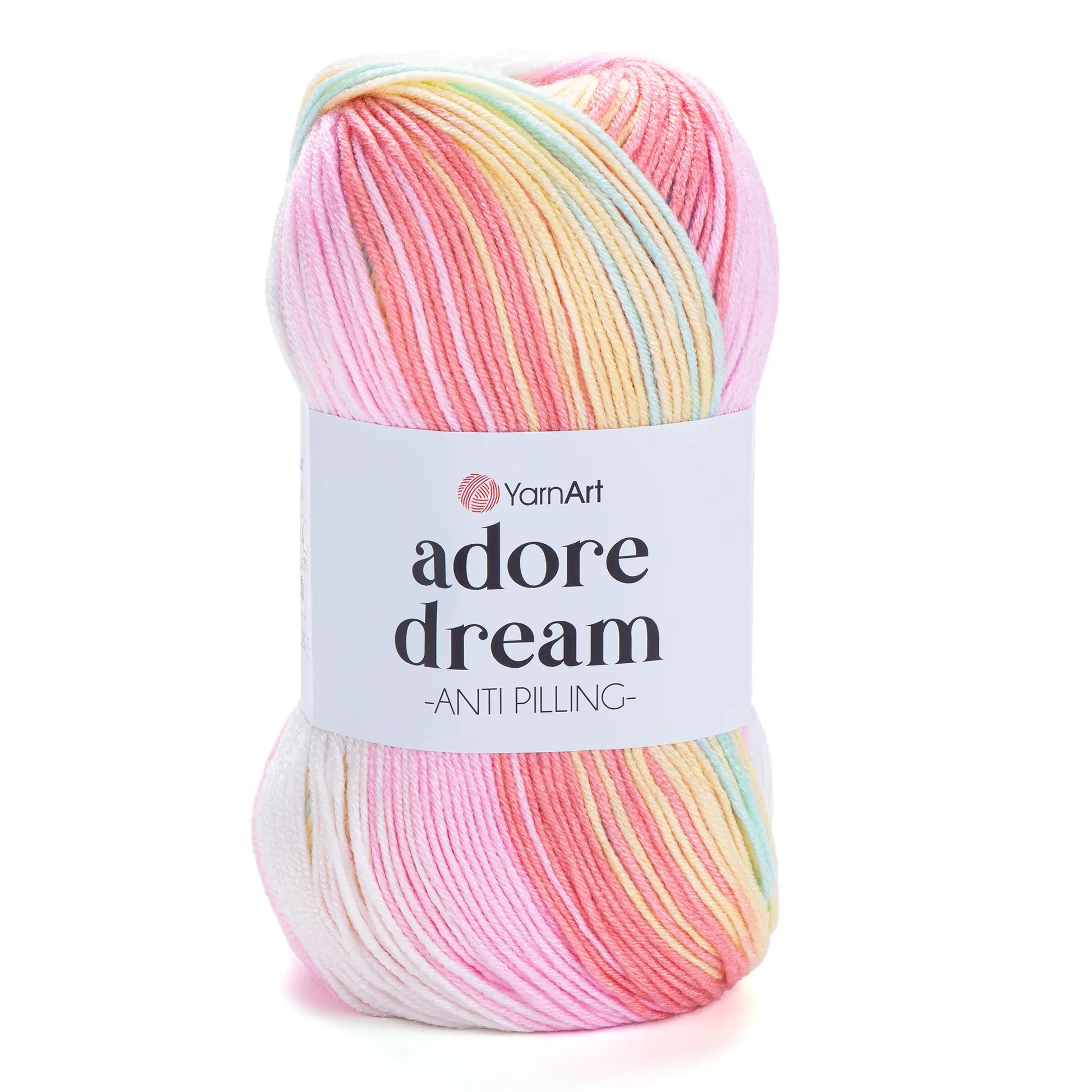 Ovillo de hilo YarnArt Adore Dream antipelusas, tonos pastel rosa, amarillo, menta y blanco, para tejido 100% acrílico.