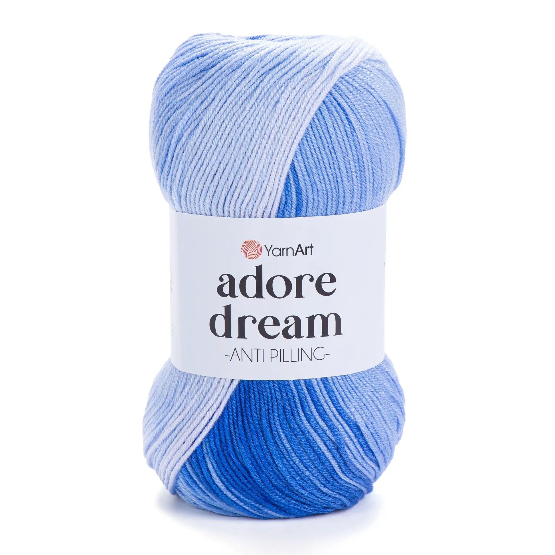 Ovillo de lana acrílica YarnArt Adore Dream AD_1067, color azul degradado con blanco y efecto anti-pilling, para tejer.