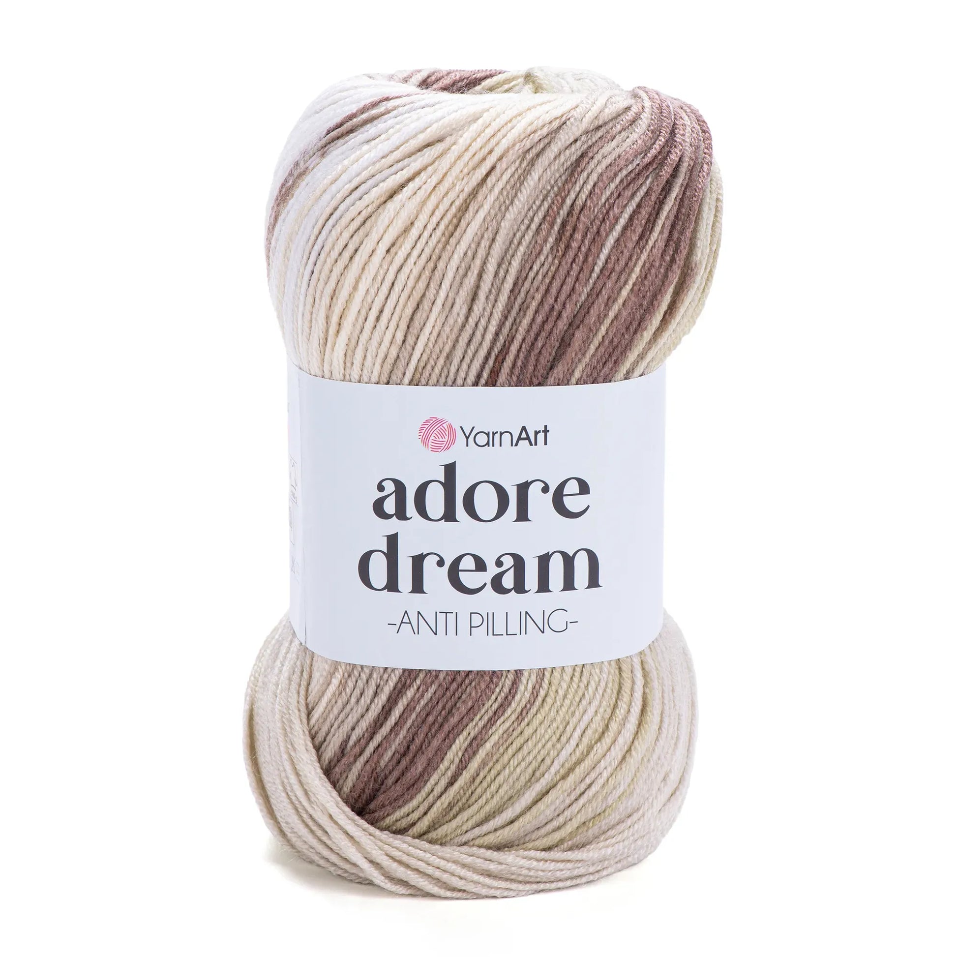 Ovillo de hilo acrílico YarnArt Adore Dream en tonos tierra, beige y cafe claro con efecto antipilling.