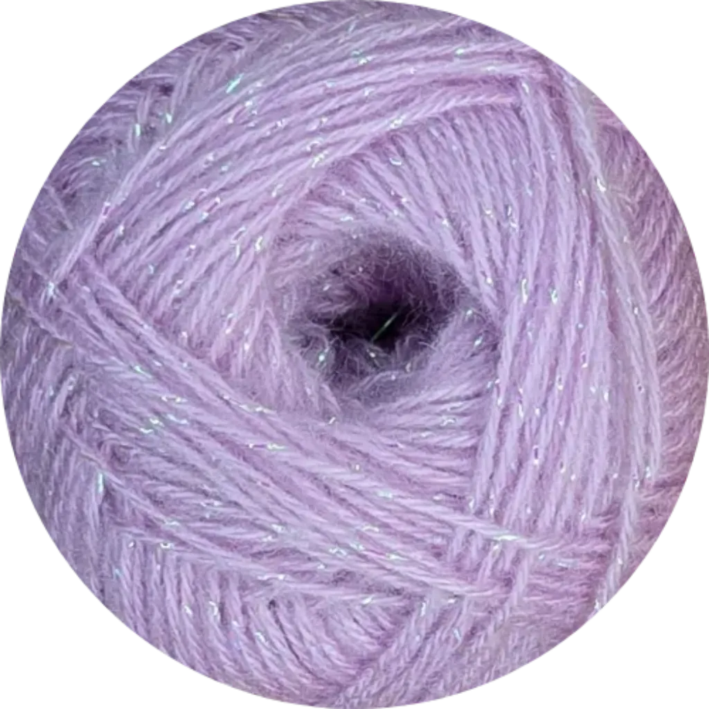 Ovillo de lana morada brillante Alize Angora Gold Simli, mezcla de acrílico y lana con toques de glitter plateado.