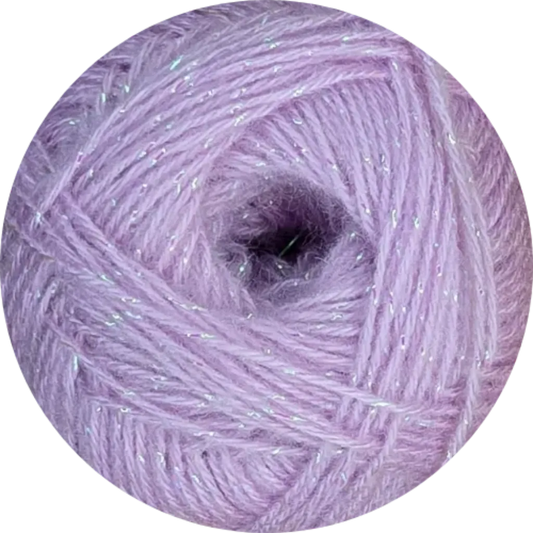 Ovillo de lana morada brillante Alize Angora Gold Simli, mezcla de acrílico y lana con toques de glitter plateado.