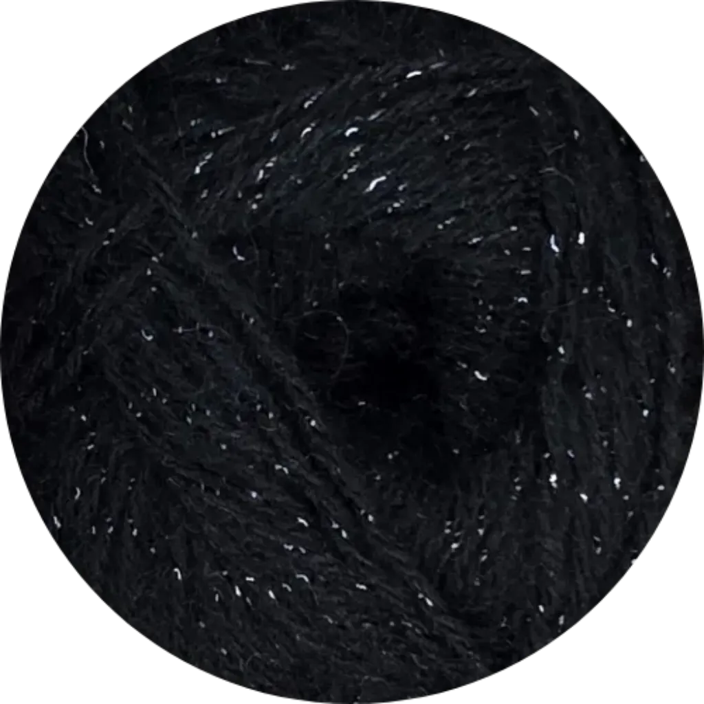 Ovillo de lana Angora Gold Simli negro con brillo plateado, mezcla acrílico y lana para tejer.