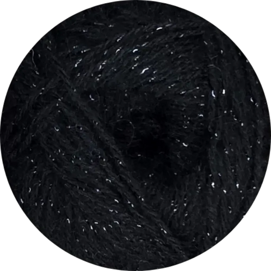 Ovillo de lana Angora Gold Simli negro con brillo plateado, mezcla acrílico y lana para tejer.