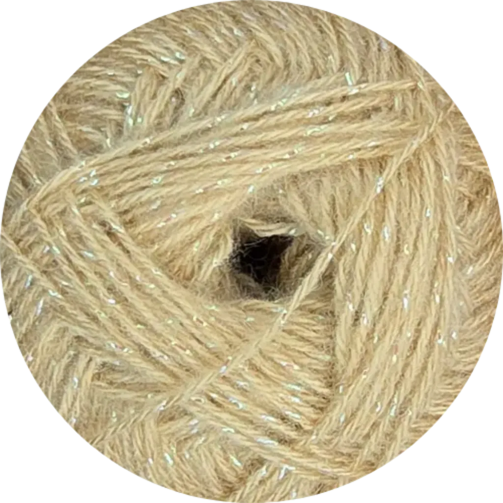 Ovillo de lana brillante Angora Gold Simli color beige con destellos plateados, mezcla acrílico y lana.