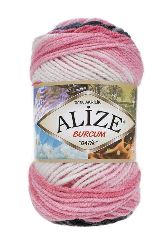 Ovillo de lana acrílica Alize Burcum Batik en tonos rosa, blanco y gris, para tejer.