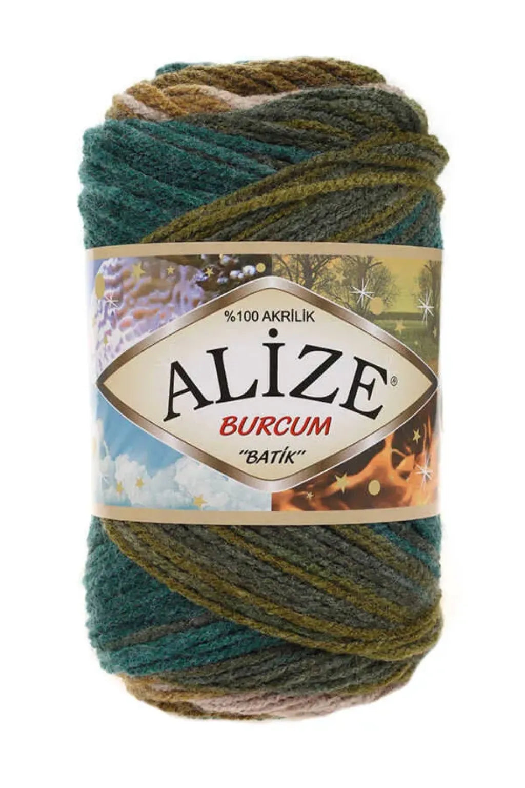 Ovillo de lana acrílica Alize Burcum Batik, tonos verdes, marrones y beige, para proyectos de tejido a mano.