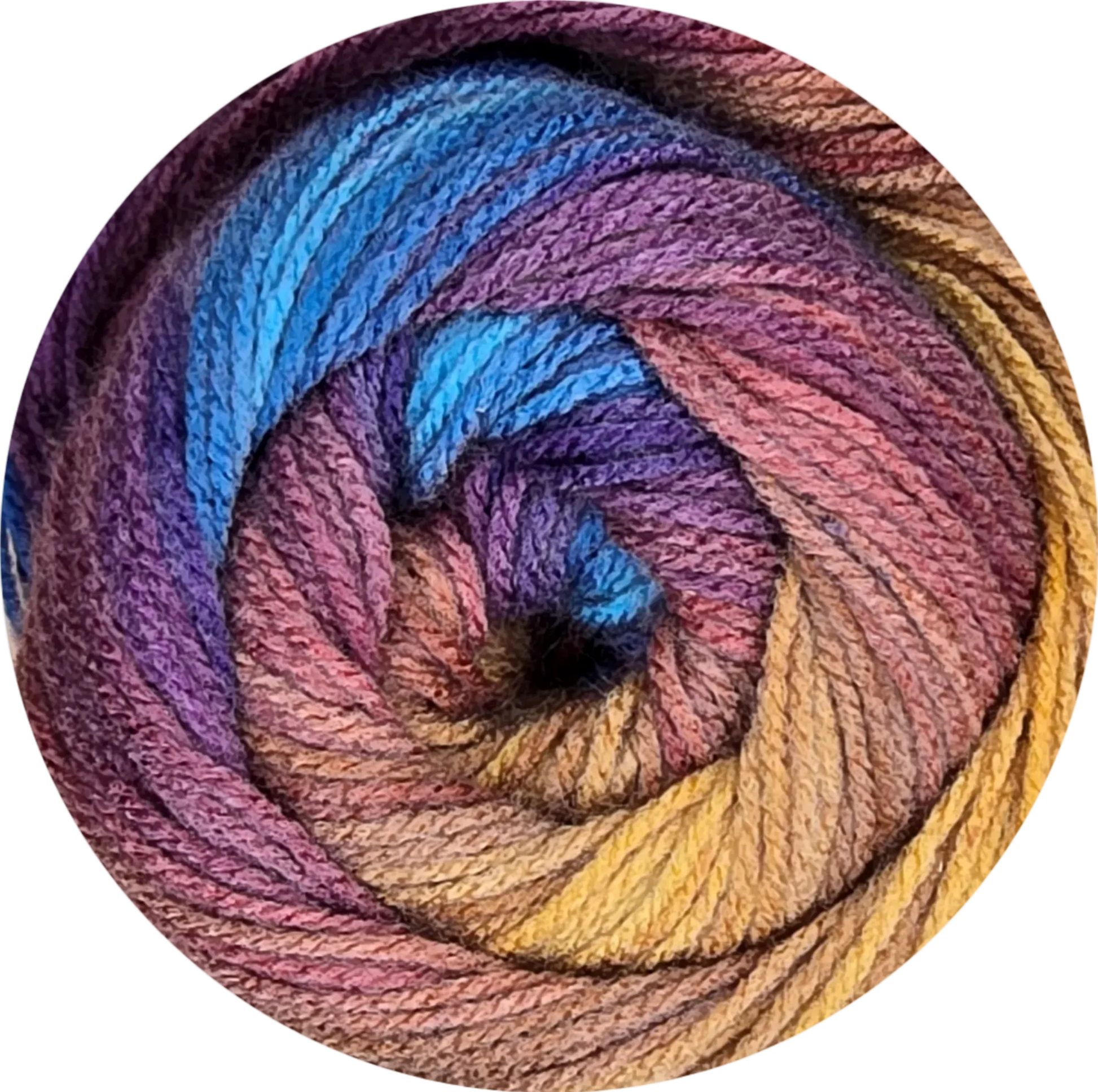Ovillo de lana acrílica multicolor vibrante con tonos azules, morados y naranjas, ideal para tejer, forma redonda en espiral.