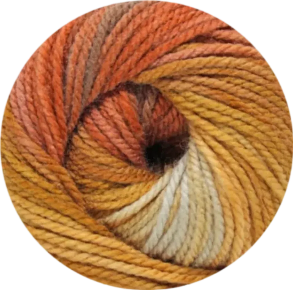 Ovillo de lana acrílica multicolor en tonos otoñales naranja, amarillo y beige, suave textura, para tejer proyectos artesanales