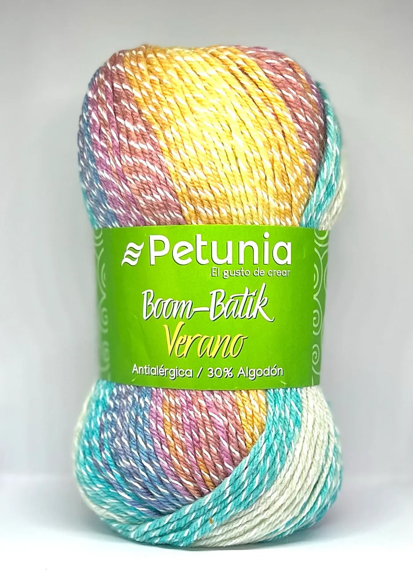 Ovillo de lana Petunia Boom-Batik Verano multicolor matizado. Hilo antialérgico de 30% algodón para tejer.