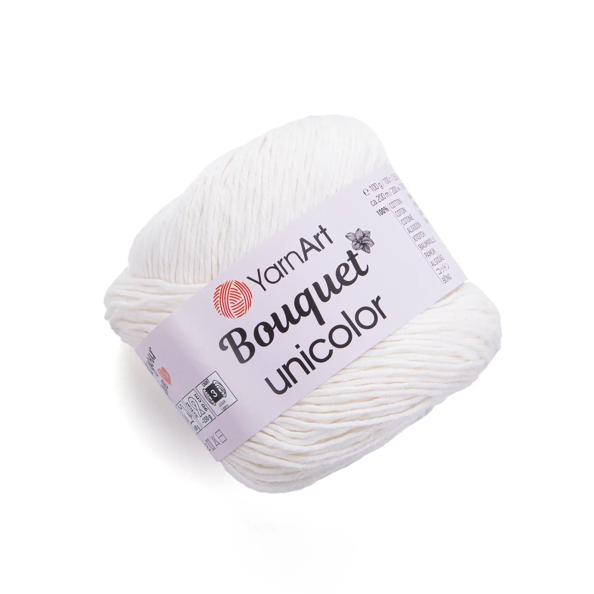 Ovillo de hilo YarnArt Bouquet Unicolor 100% algodon, color blanco puro, ideal para tejer prendas suaves y frescas.