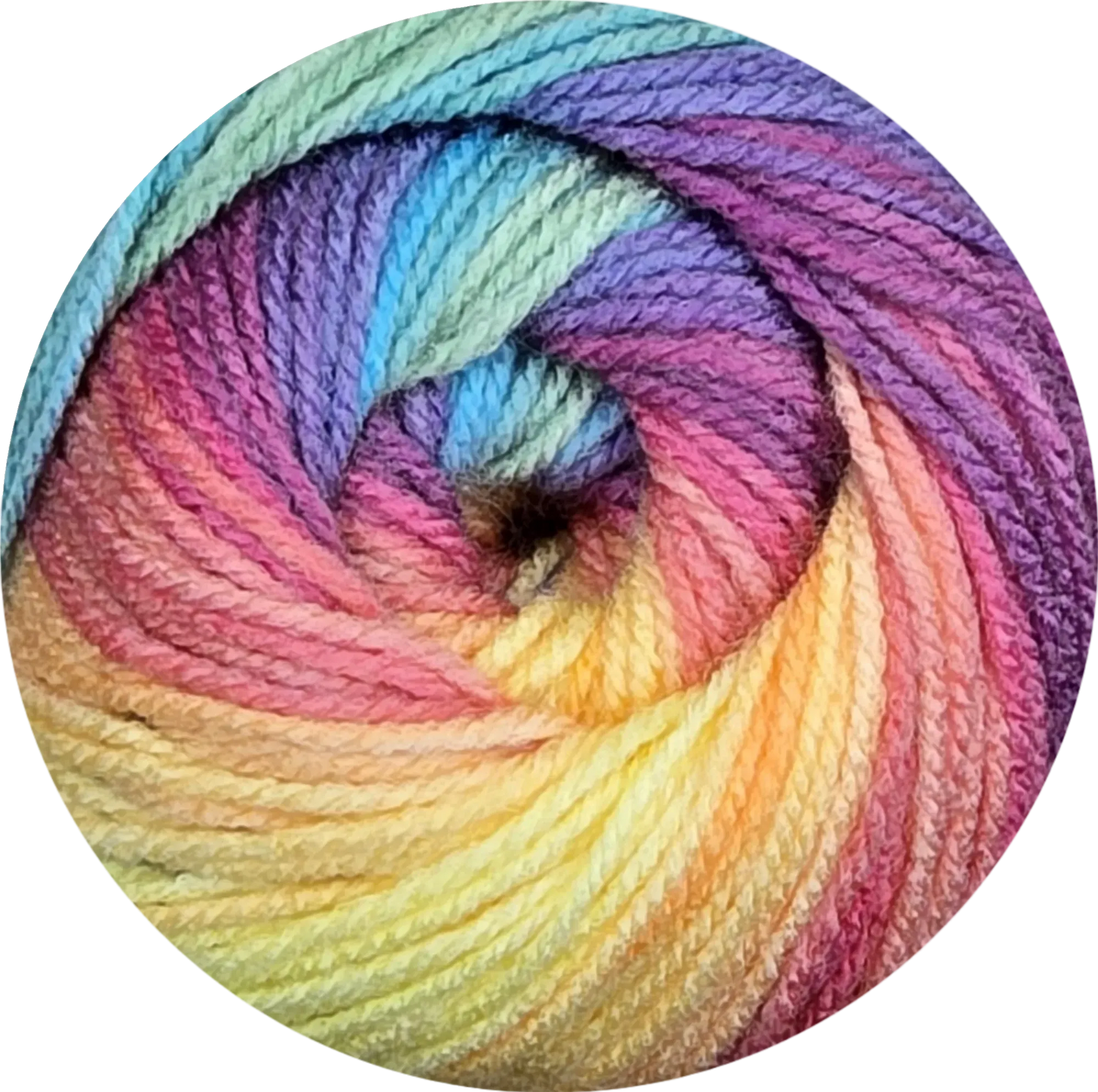 Ovillo de lana acrílica multicolor vibrante, con una gama de tonos arcoíris pastel en espiral para tejer.