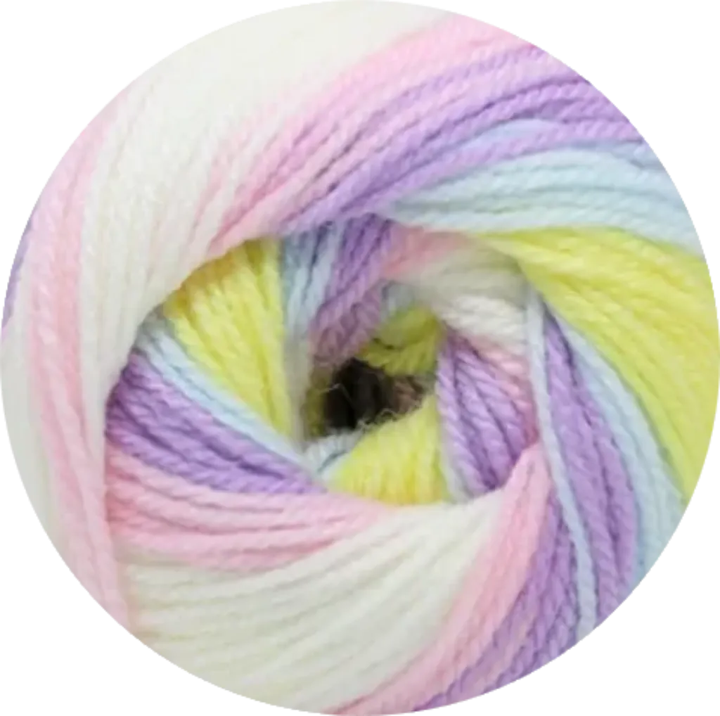 Ovillo de lana acrílico premium Petunia, multicolor batik Candy Swirl en tonos pastel: blanco, rosa, amarillo, celeste, lila. Suave e hipoalergénico.