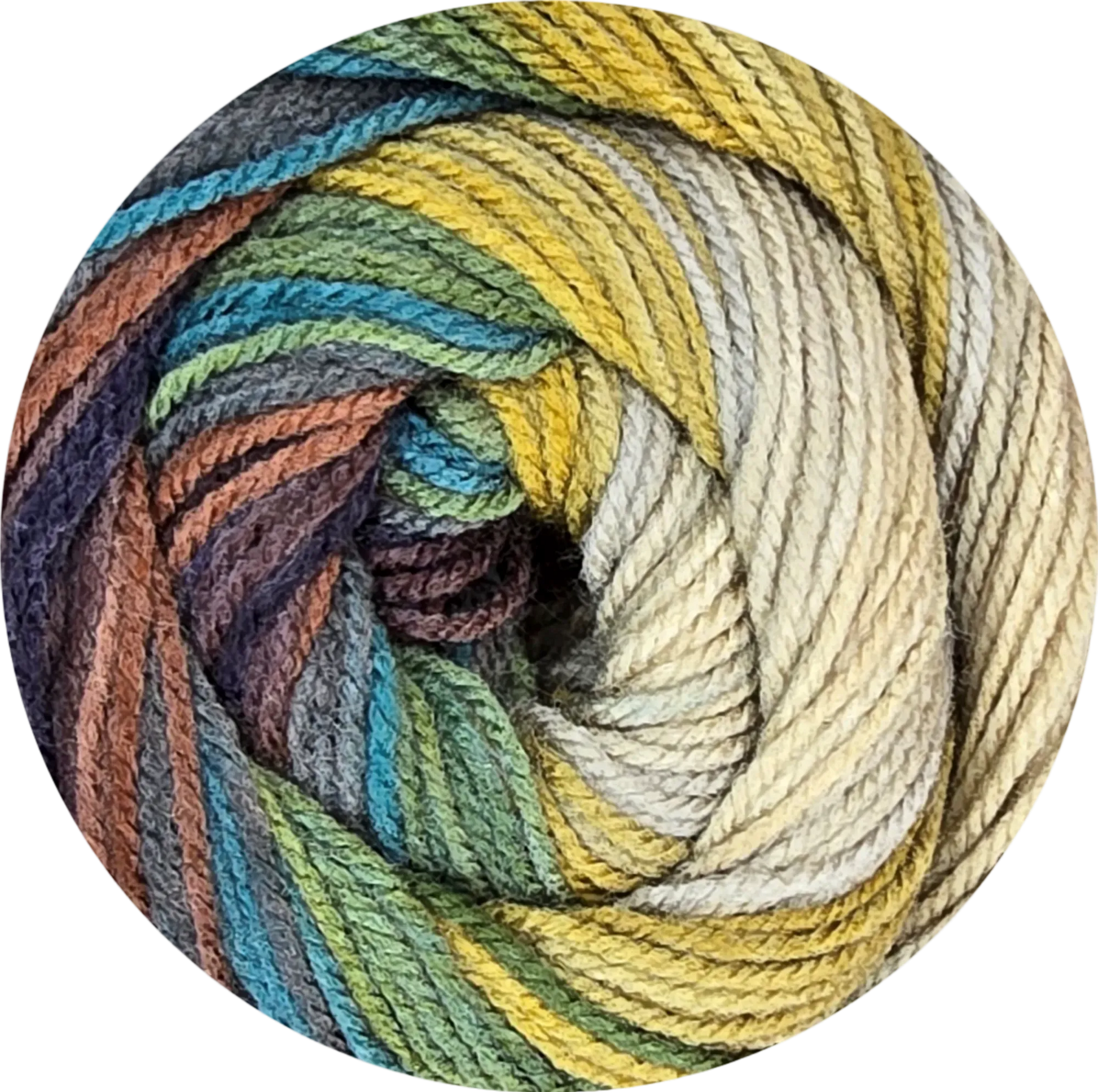 Ovillo de lana acrílica multicolor con tonos tierra, beige, azul, verde y mostaza. Ideal para tejer.