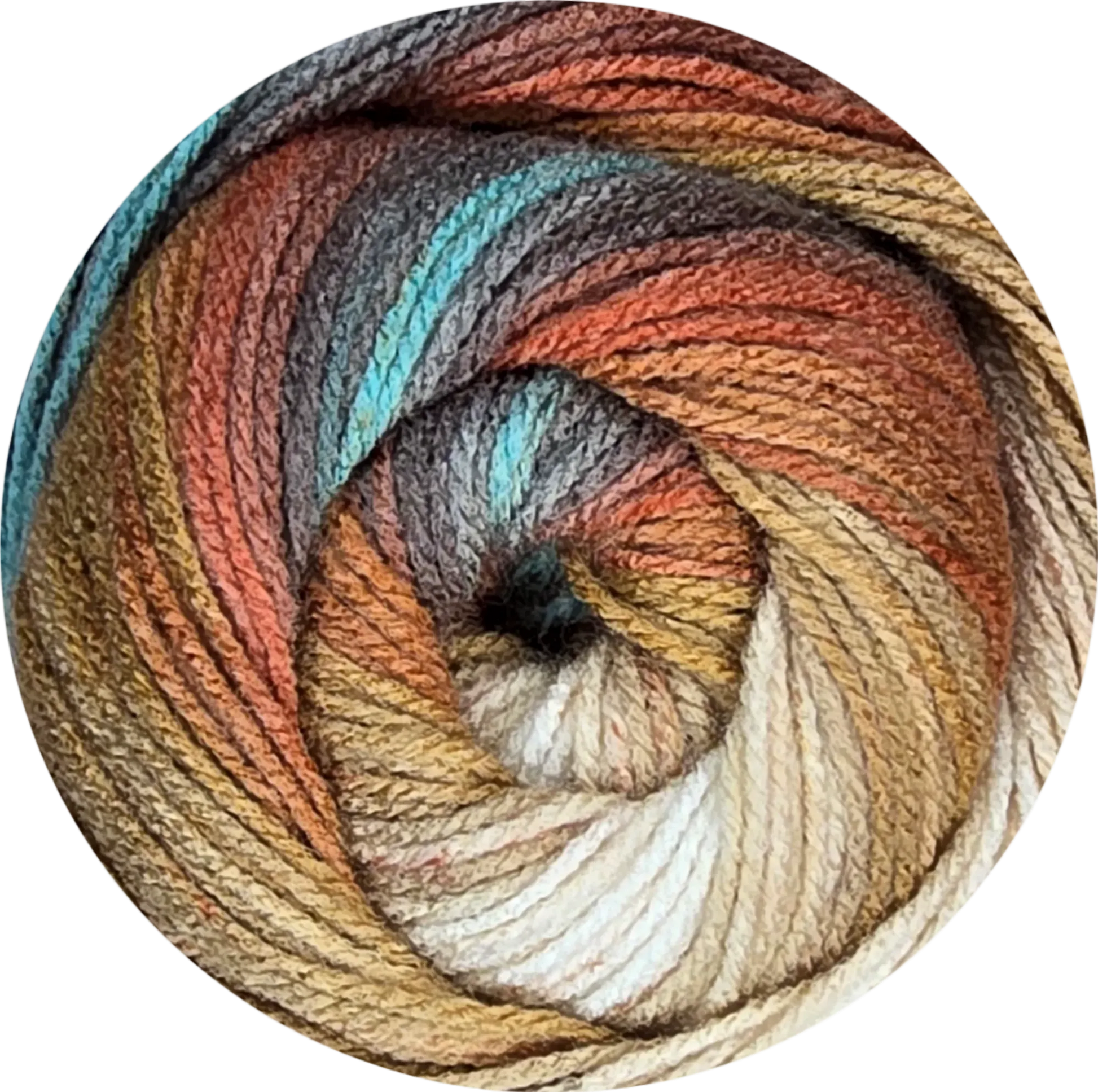 Ovillo de lana acrílica Petunia Boom Batik con colores vibrantes: naranja, turquesa, café, gris y crema.