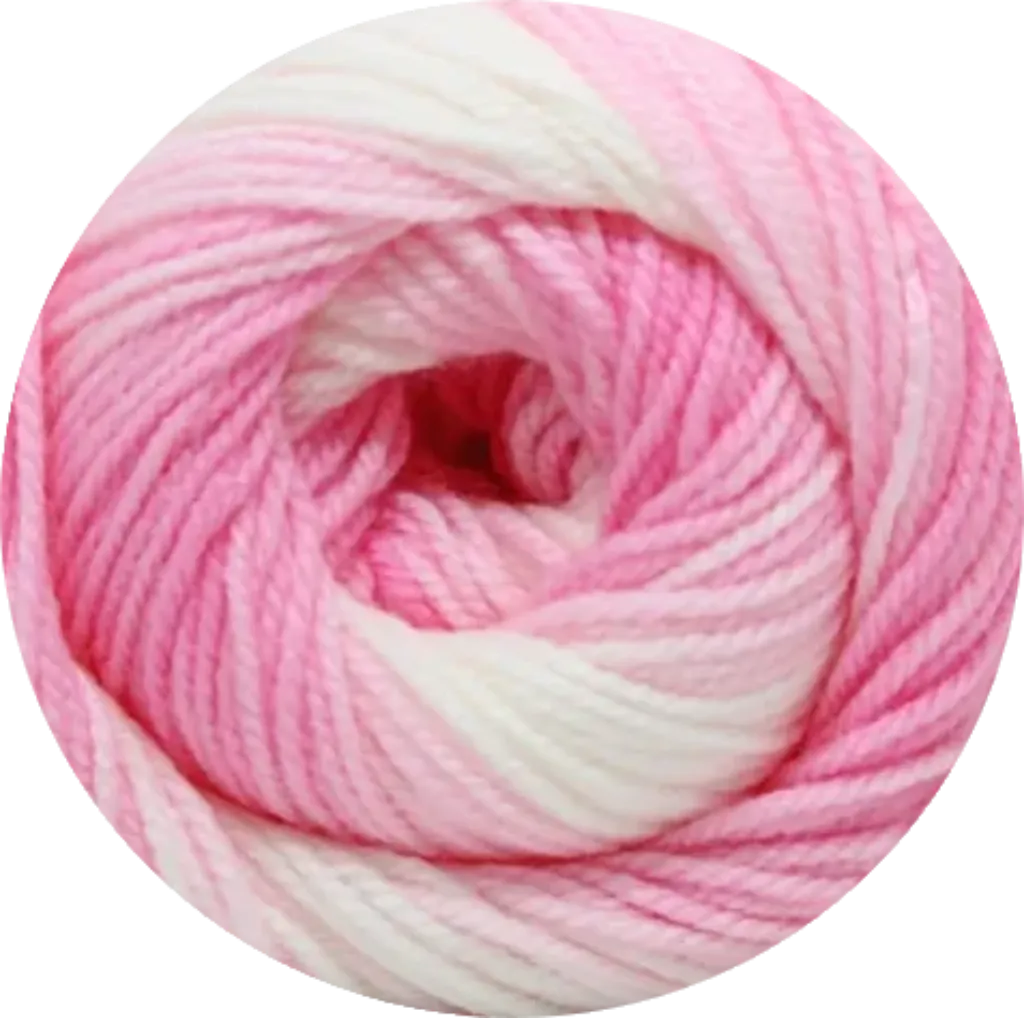 Ovillo de lana acrílica Petunia Bebé Batik, colores rosa y blanco, textura suave e hipoalergénica, ideal para tejidos.