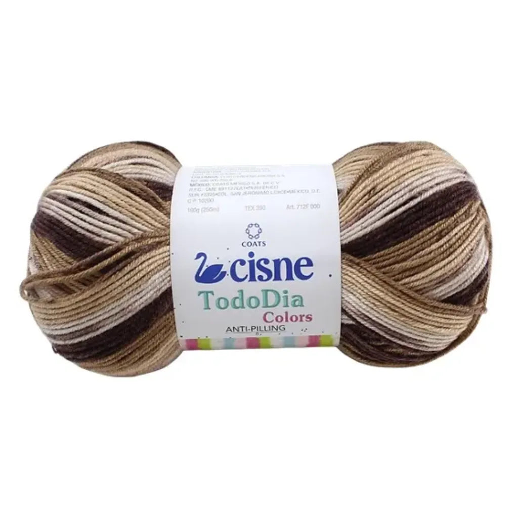Ovillo de lana matizada Cisne TodoDia Colors tonos tierra (café, beige, crema), anti-pilling, 100g para tejer.