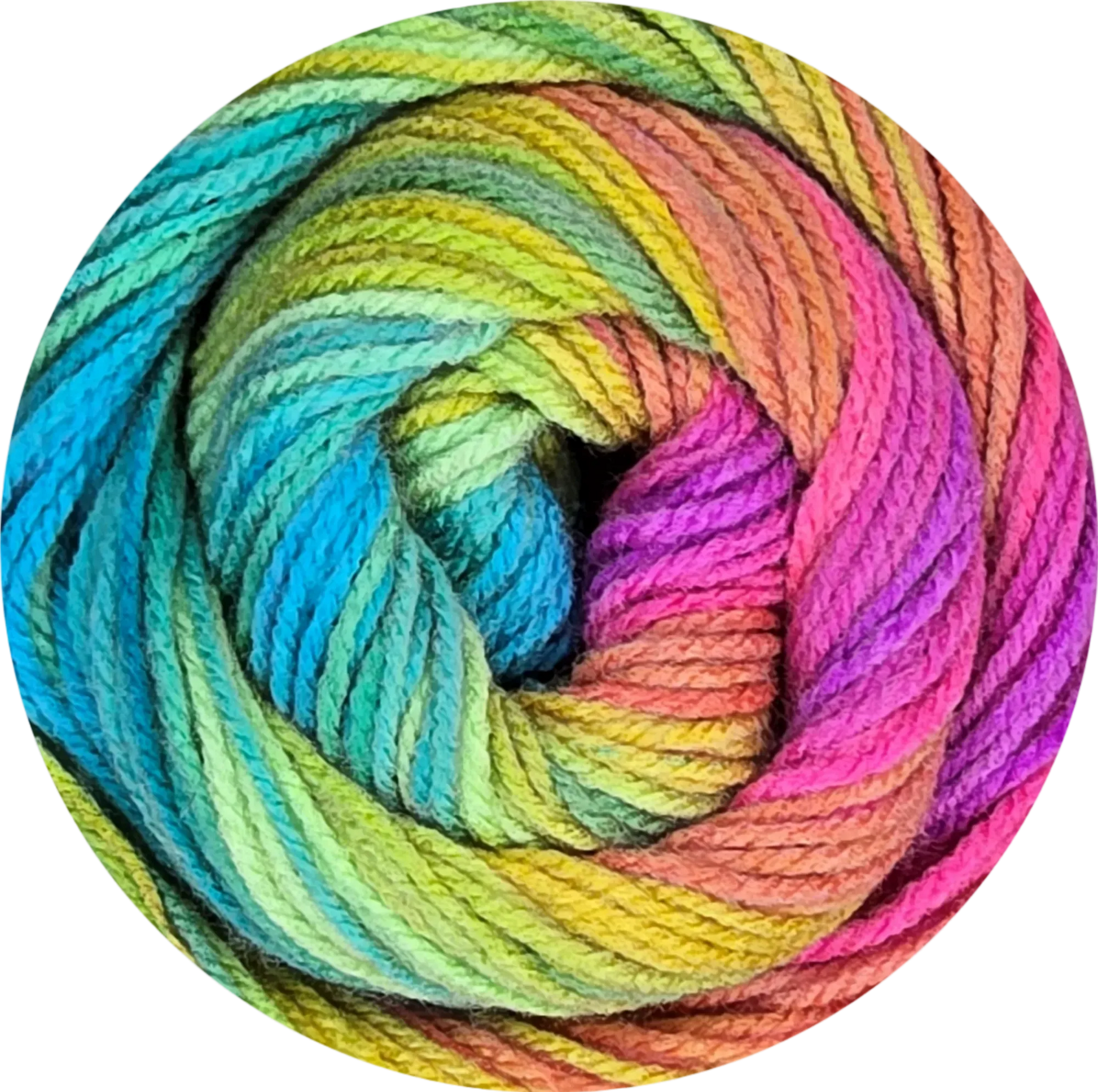 Ovillo de lana acrílica multicolor vibrante con tonos azul, verde, amarillo, naranja, rosa y morado, suave para tejer.