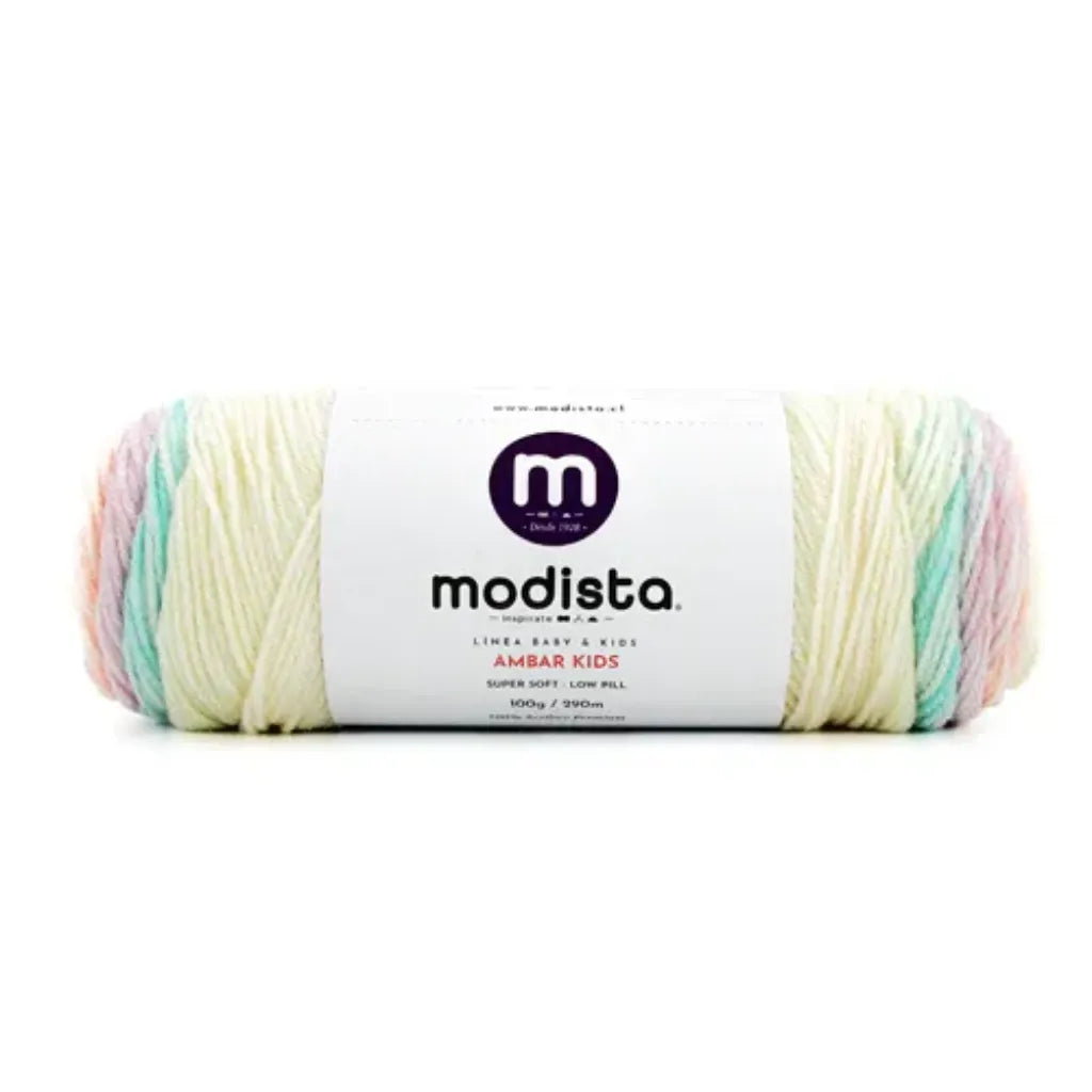 Ovillo de lana Modista Ambar Kids 100% acrilico en tonos pasteles (rosa, celeste, crema), suave e hipoalergenico para bebe.