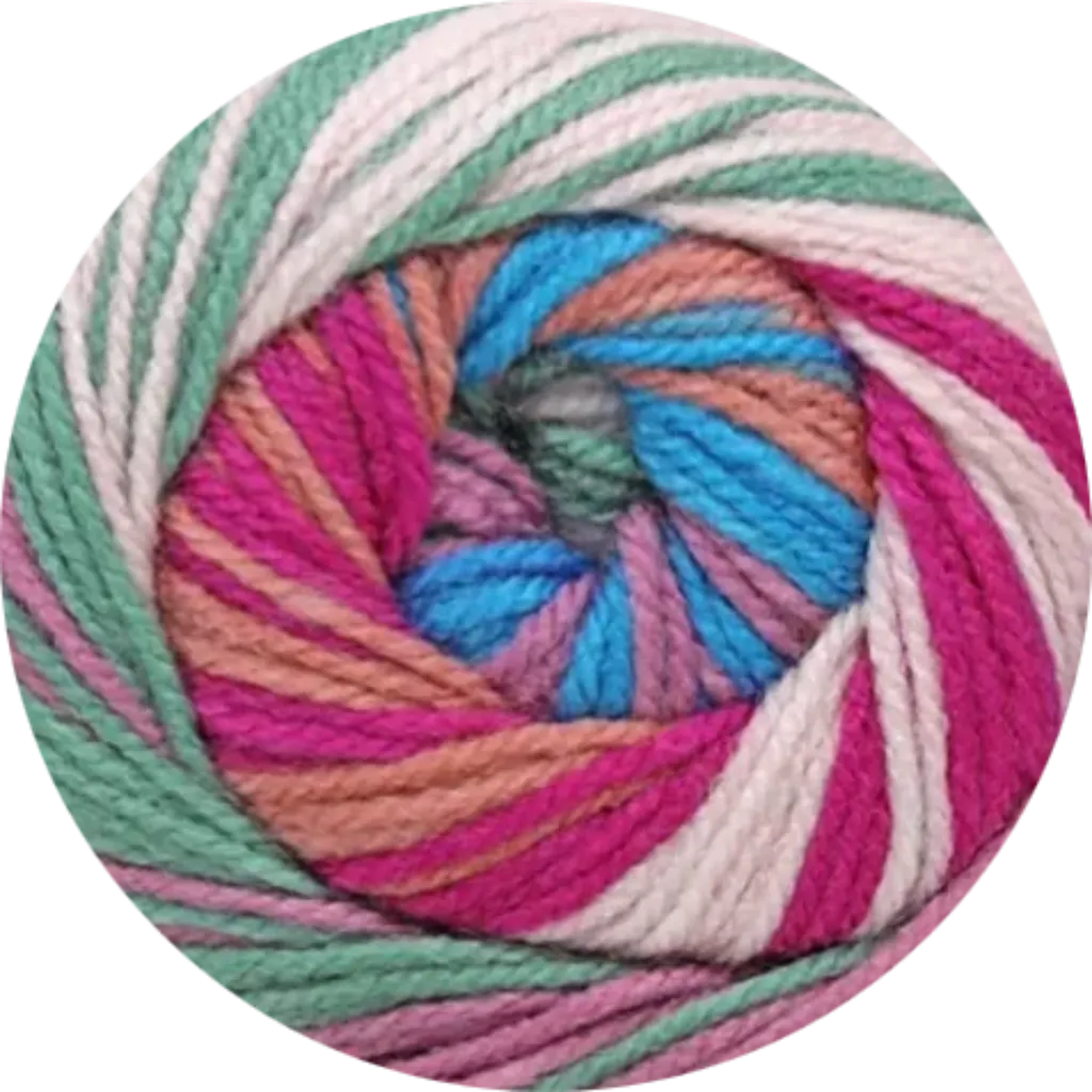 Ovillo de lana acrílica matizada Cotton Candy con tonos fucsia, rosado, celeste, menta y crema, textura suave.