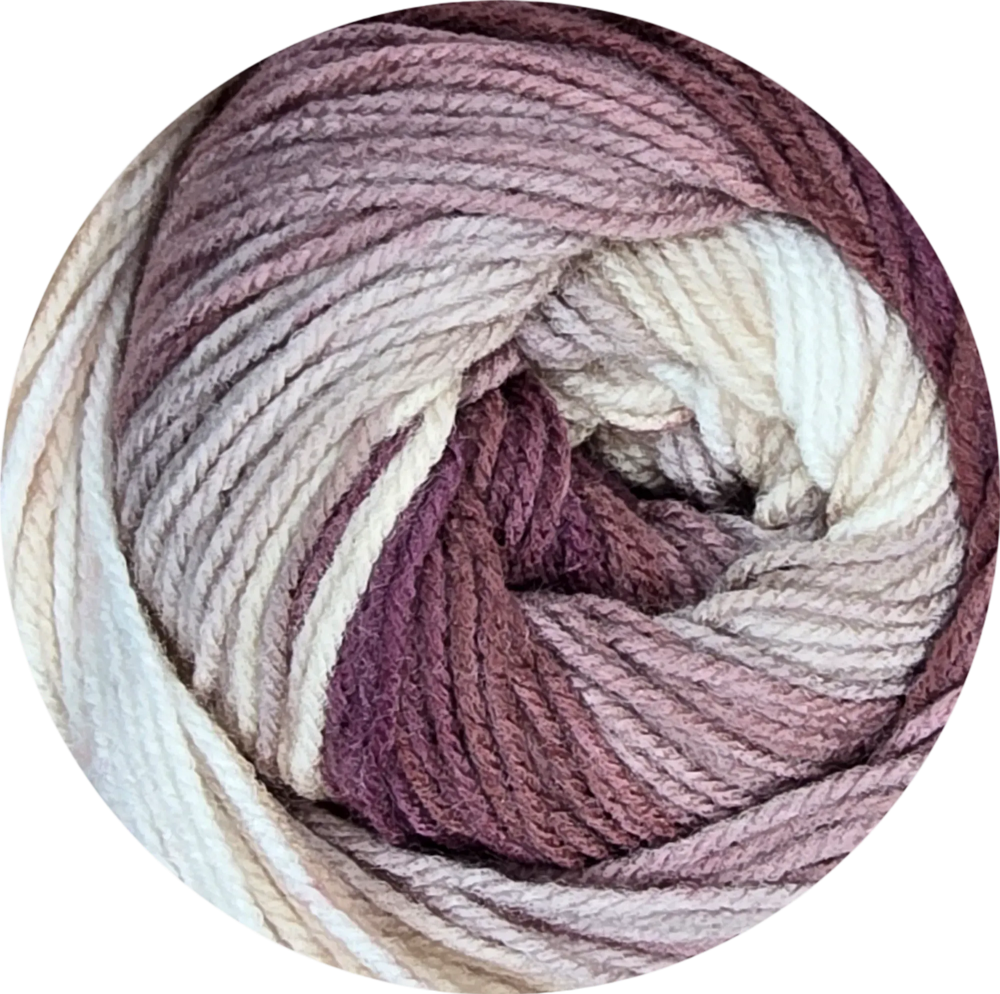 Ovillo de lana acrílica Boom Batik Petunia con degradado de colores pasteles: rosa, lila, blanco y beige, de textura suave.