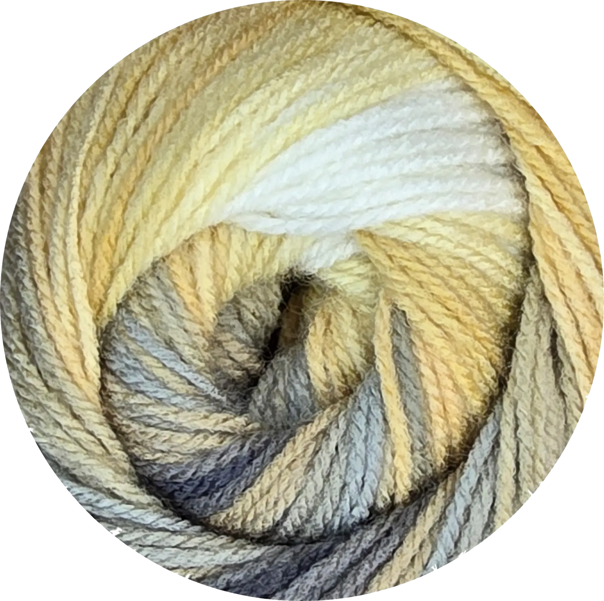 Ovillo de lana acrilica Petunia Boom Batik multicolor en tonos arena, gris, amarillo y blanco, textura suave.