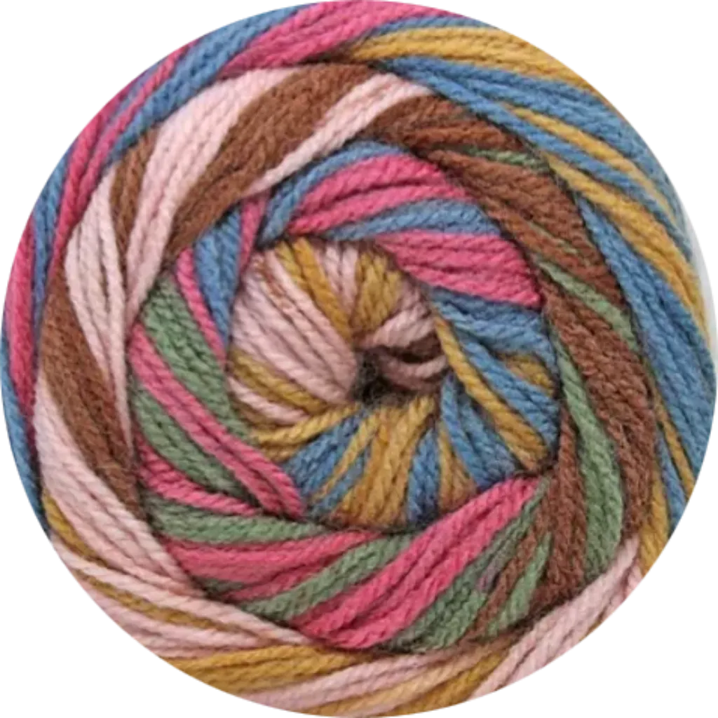 Ovillo de lana 100% acrílico matizado con tonos tierra: rosa, cafe, azul, verde y mostaza, textura suave para tejer.