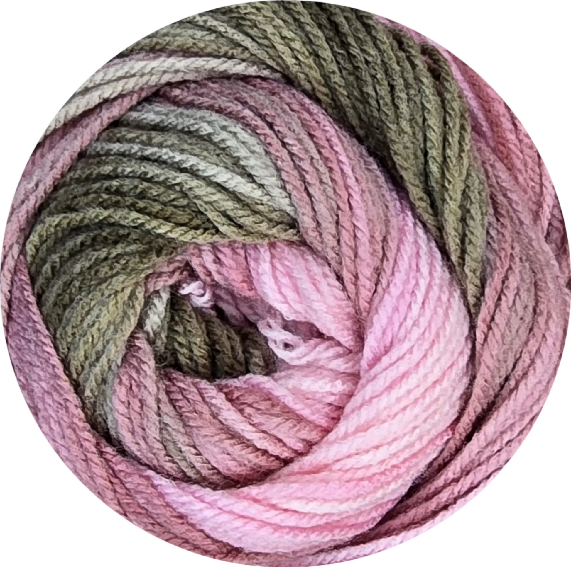 Ovillo de lana acrílica Petunia Boom Batik matizada en tonos rosados, grises y verde oliva, textura suave
