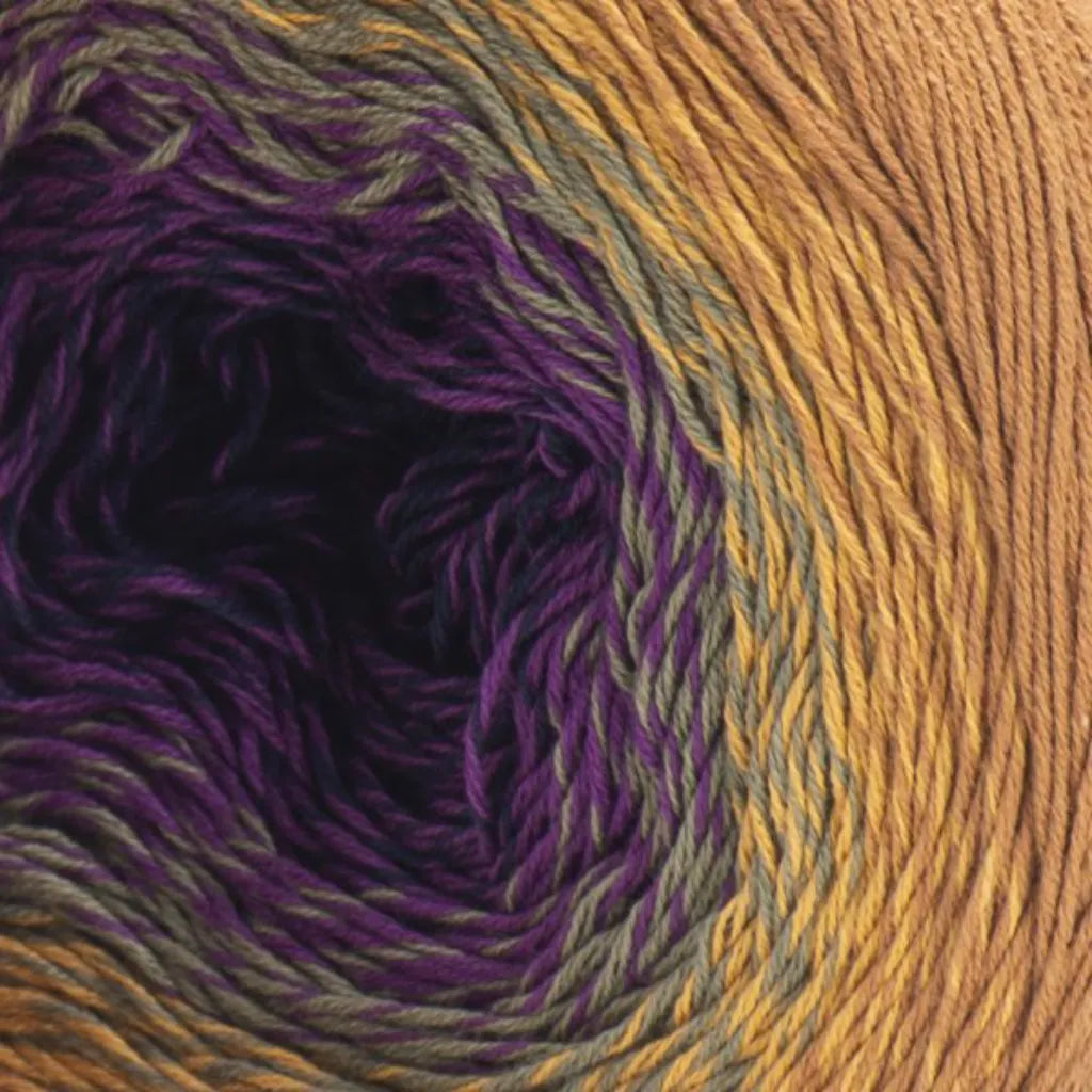 Ovillo degrade de algodon acrilico YarnArt Flowers #315 con transicion de color morado, verde oliva, amarillo y cafe