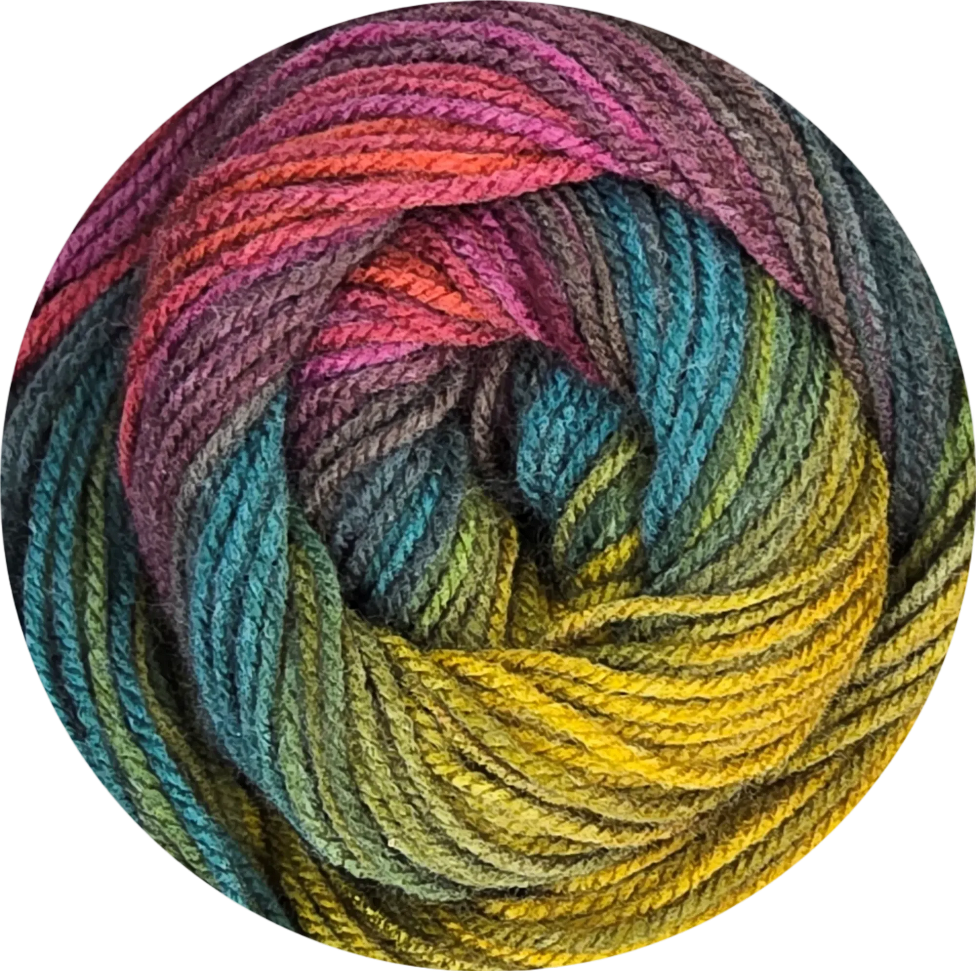 Ovillo de lana acrílica multicolor con degradado vibrante rosa, naranja, turquesa, verde y amarillo para tejer