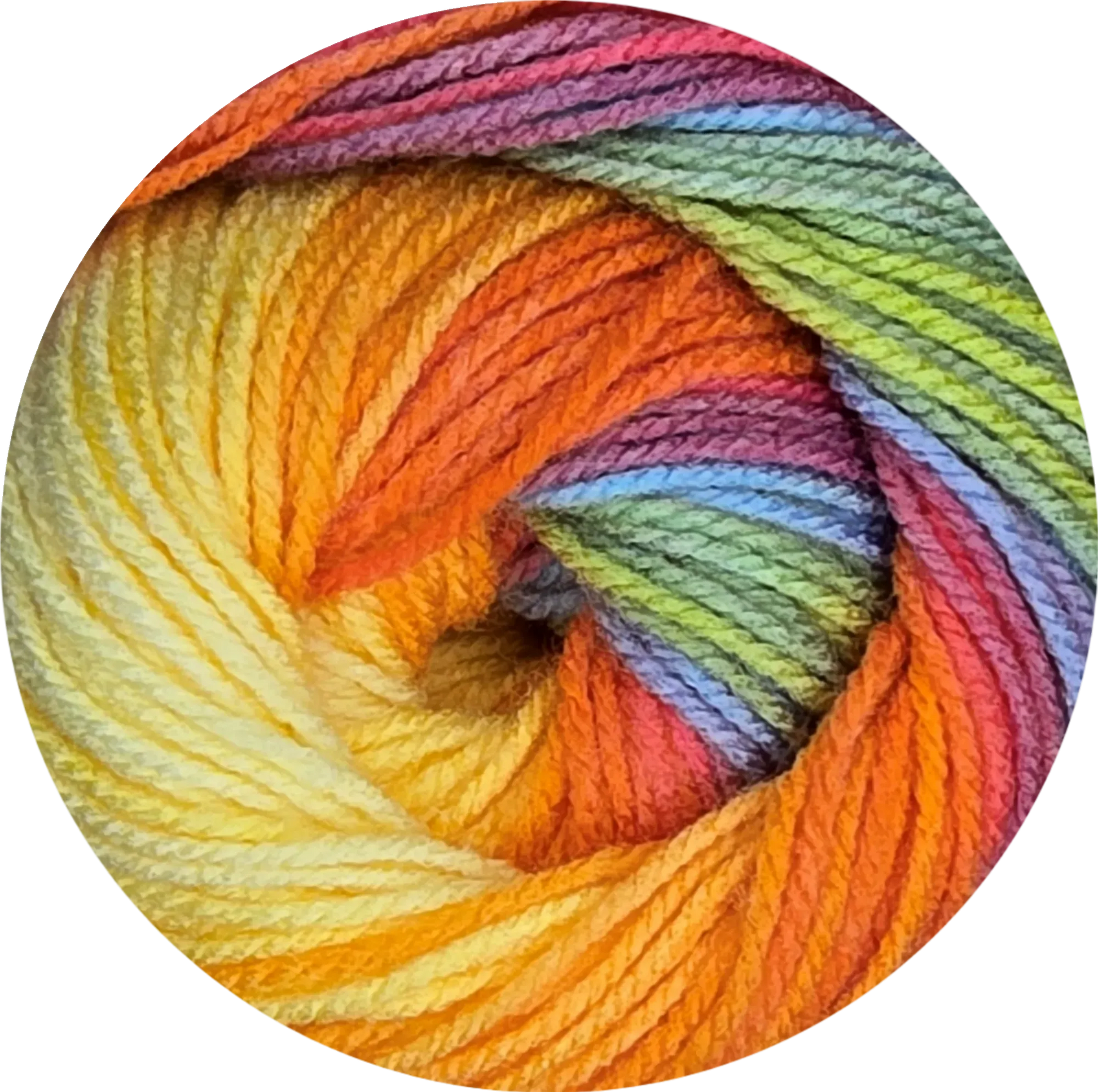 Ovillo de lana acrilica Boom Batik con transicion de colores vibrantes en tonos dorado, naranja, rojo, morado, azul y verde.