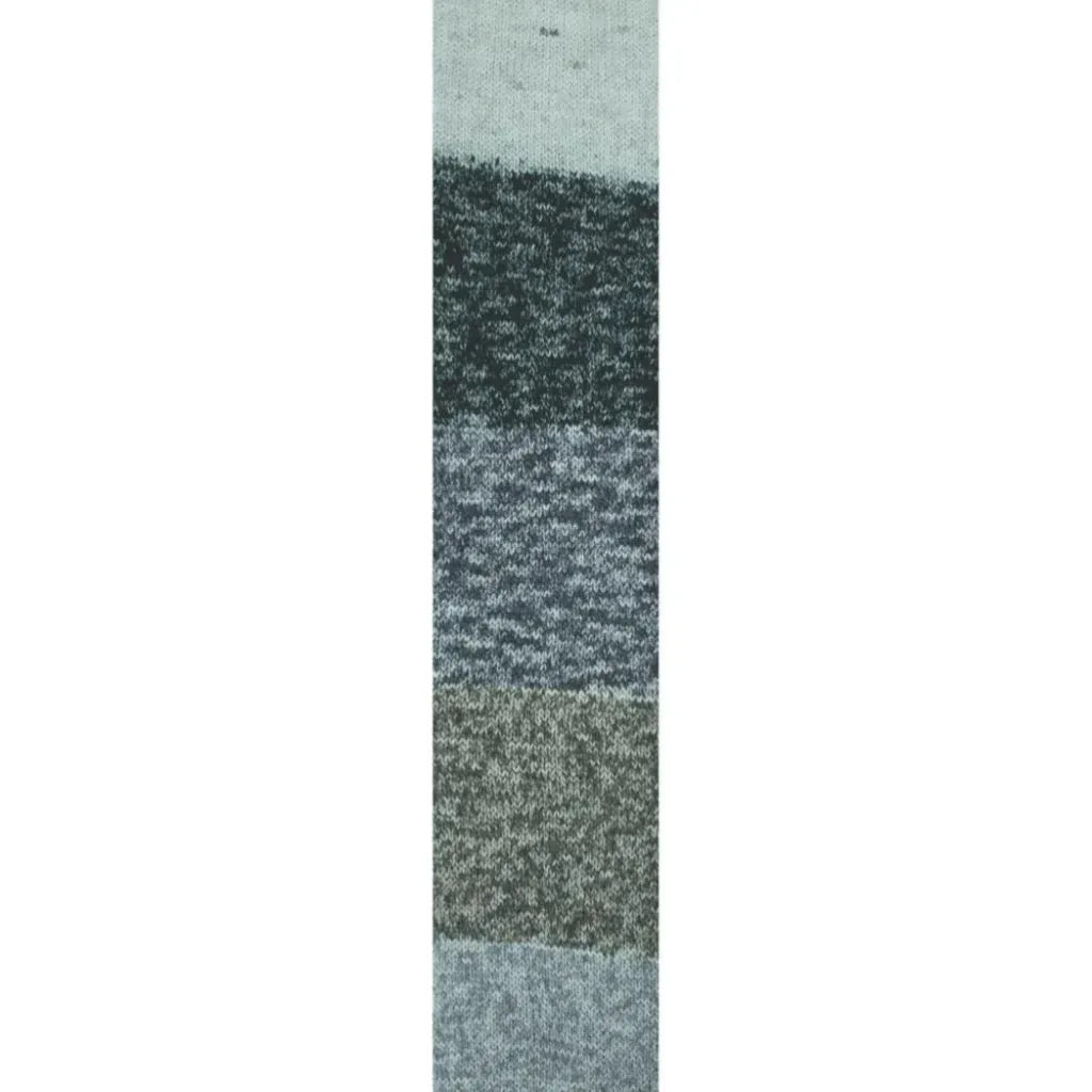 Muestra de hilo acrílico Pack Ámbar Kids con bandas de colores: azul claro, gris, azul medio y verde oliva. Suave hipoalergénico.