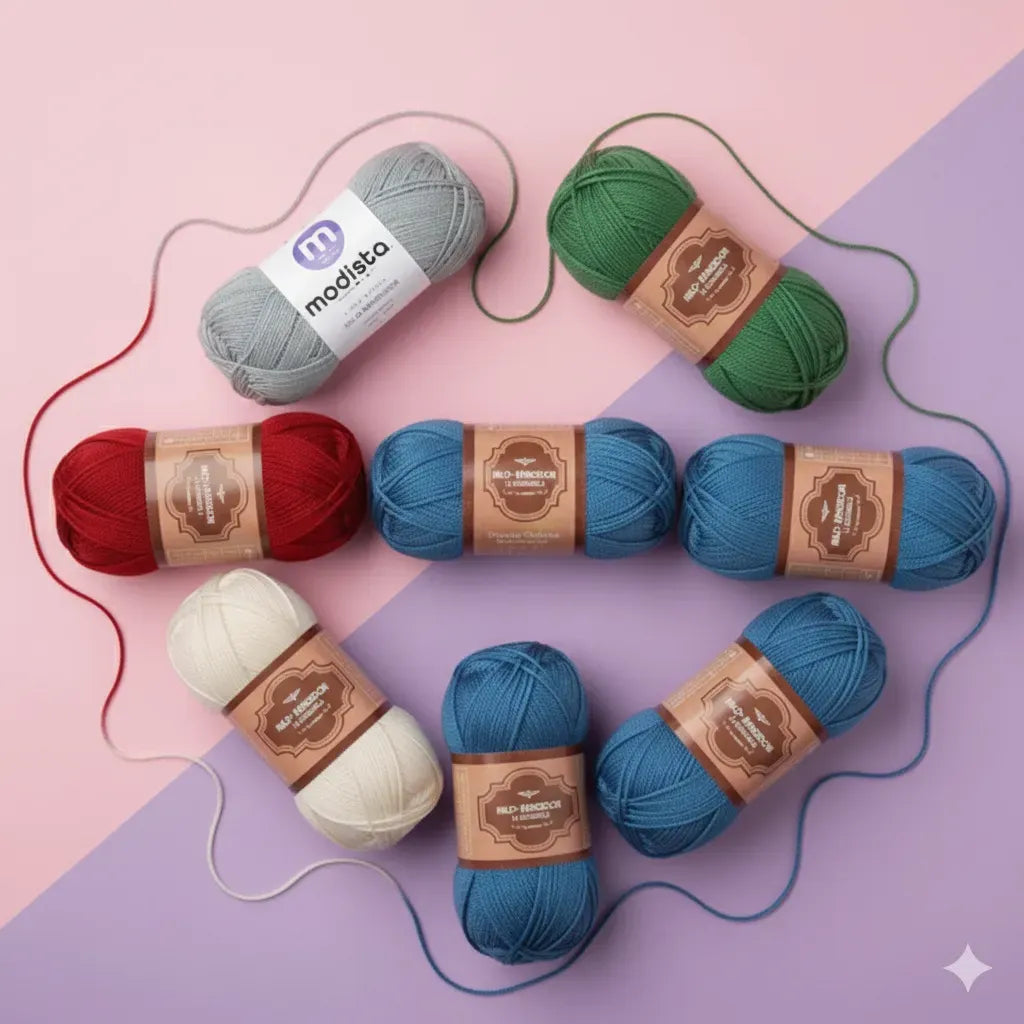 Siete ovillos de hilo acrilico Modista en colores gris, rojo, azul, verde y blanco sobre fondo dual rosa y morado.