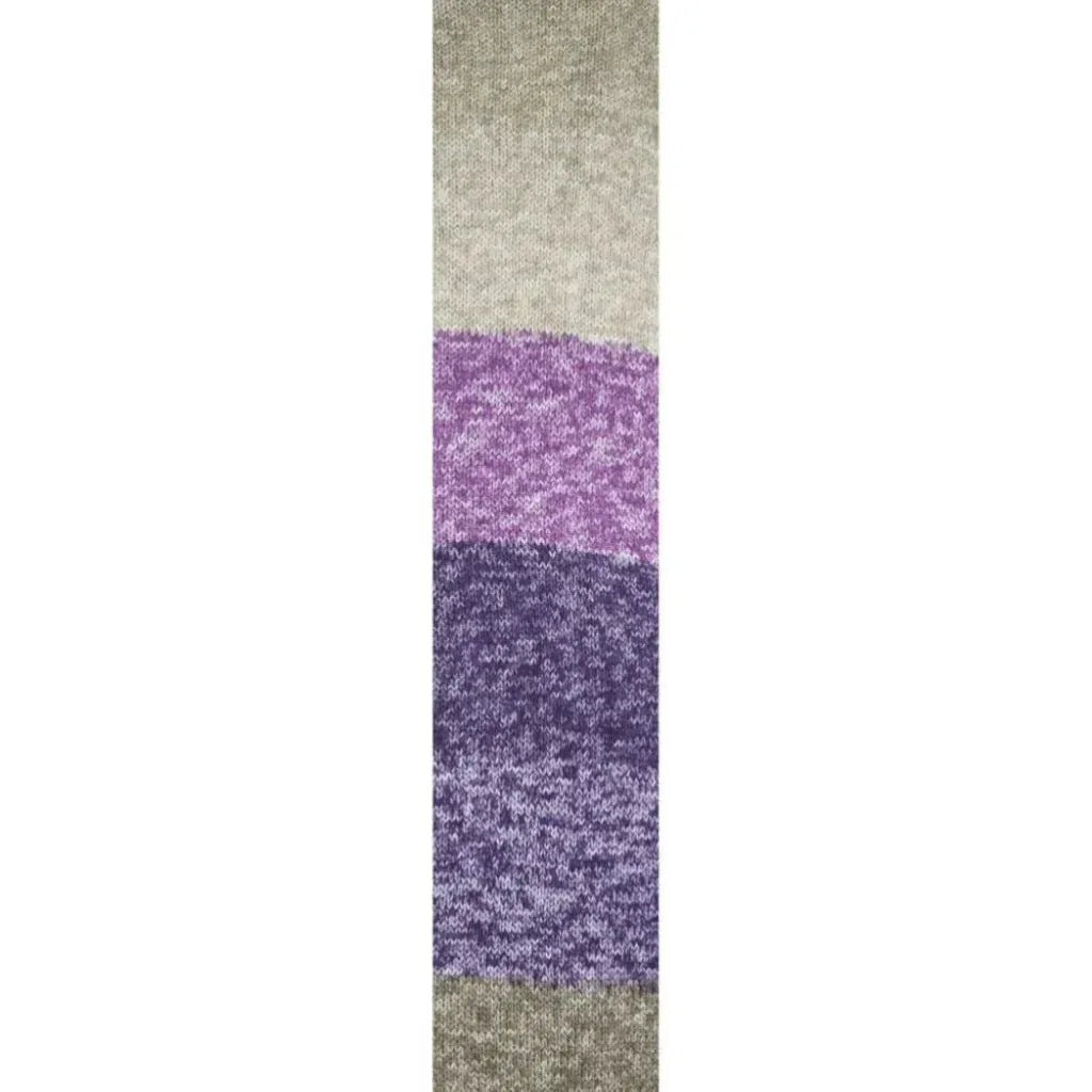 Muestra de lana 100% acrílico Pack Ámbar Kids con franjas de colores lila, morado y beige. Suave e hipoalergénico para bebé.